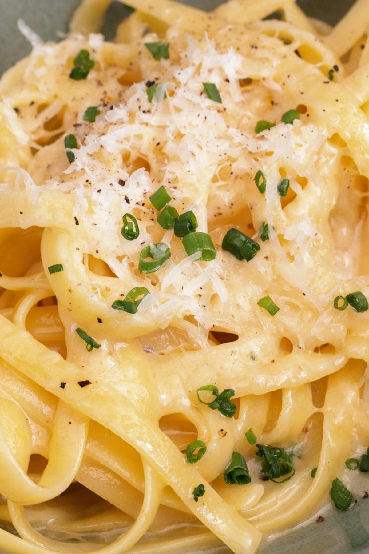 Een bord spaghetti cacio e pepe met een romige pecorinosaus en flink wat versgemalen zwarte peper.